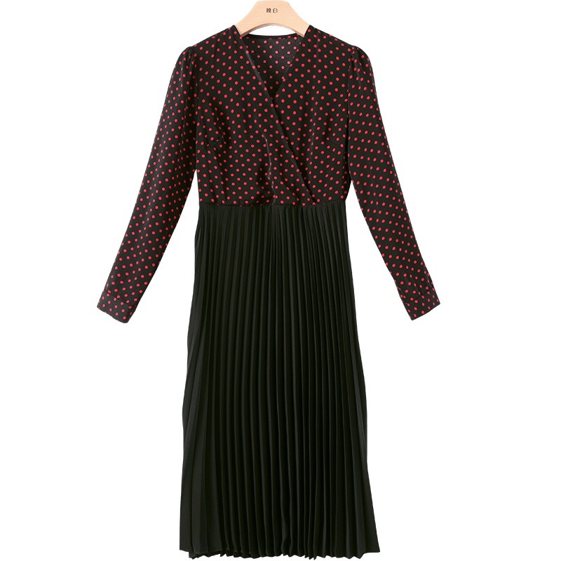 晚白2021春季新品波点印花V领长袖修身高腰百褶裙衬衫裙连衣裙女