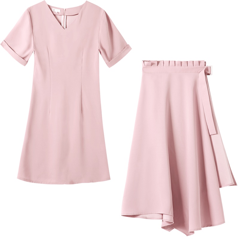 OSA欧莎粉色V领连衣裙女2019新款夏不规则裙子套装两件套收腰