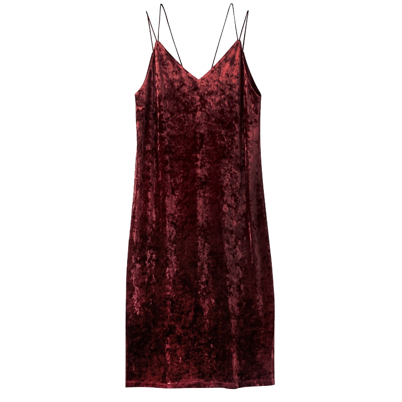 拉夏贝尔金丝绒连衣裙女士秋季新款韩版修身打底裙开叉中长吊带裙子30084271