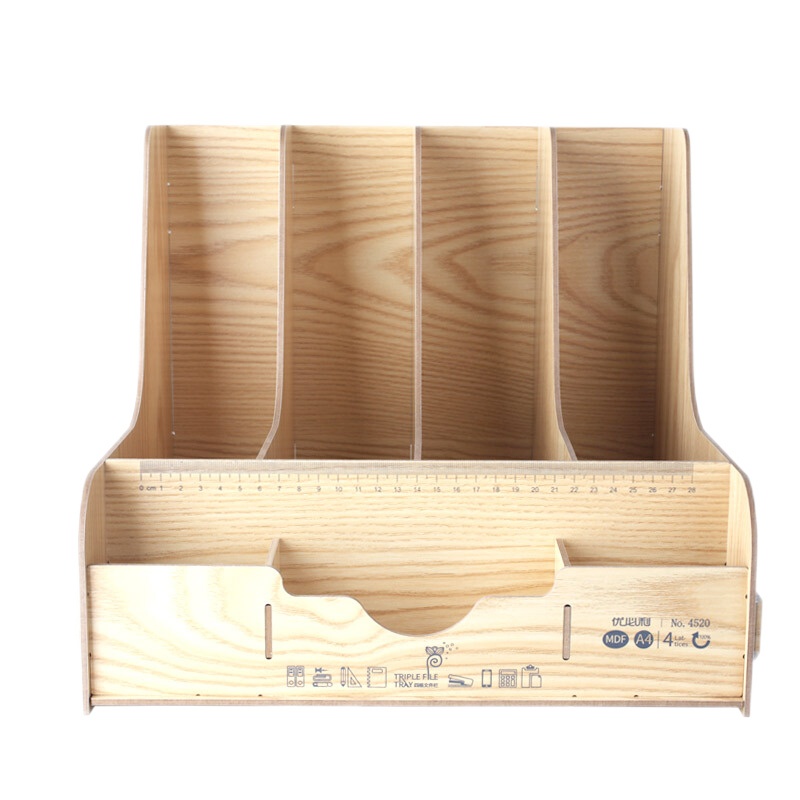 优必利 木质文件筐/文件架/文件盘/文件座 创意桌面盒文件栏装订框 4520四联带笔筒