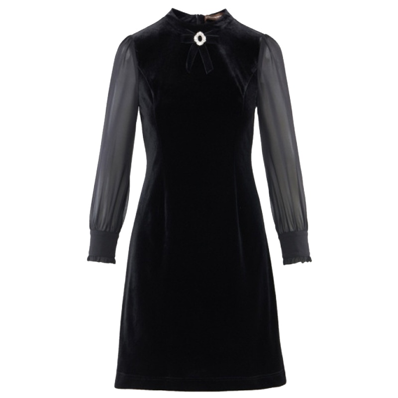 朗姿春季新款赫本小黑裙丝绒蝴蝶结钻石扣成熟女神范连衣裙女