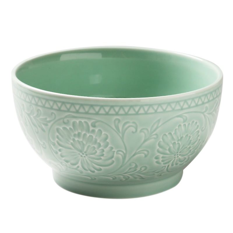 苏氏陶瓷龙泉釉青瓷大面碗7英寸浮雕花开富贵陶瓷汤碗饭碗防烫高脚泡面碗(和风款-高温瓷-健康釉)
