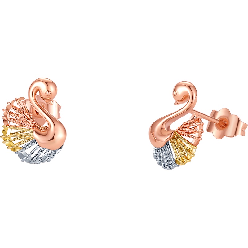 周大生彩金耳钉女正品18k金三色拉丝气质天鹅新款耳环AU750耳饰