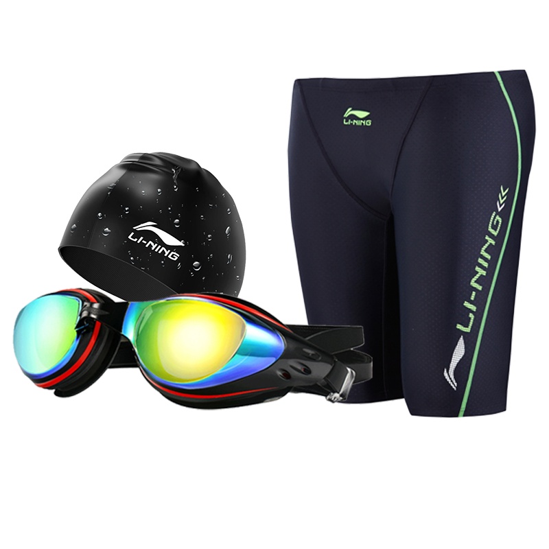 李宁男泳裤泳帽泳镜三件套泳镜女防雾水高清近视游泳眼镜度数游泳镜硅胶泳帽泳裤套装成人519+808+429