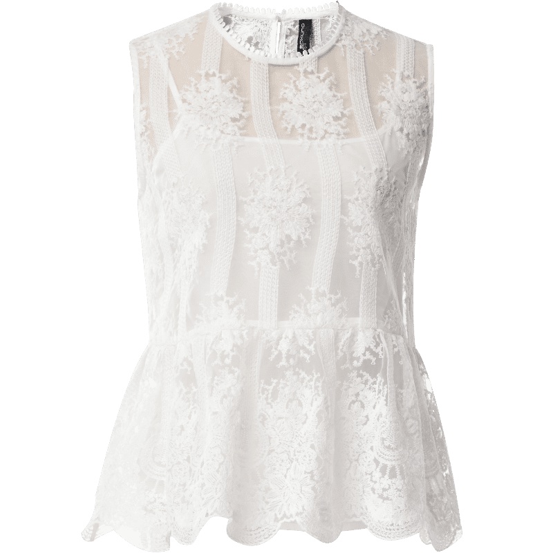 欧昵雪夏圆领无袖收腰白色蕾丝衫上衣+背心吊带两件套女