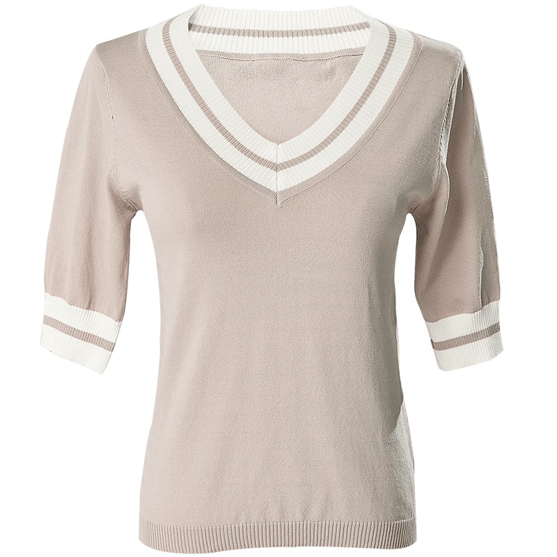 欧昵雪条纹V领套头针织衫上衣女短款气质短袖毛衣