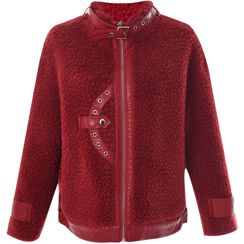 欧昵雪秋冬装PU皮立领拉链羊羔绒皮女皮毛一体毛绒外套