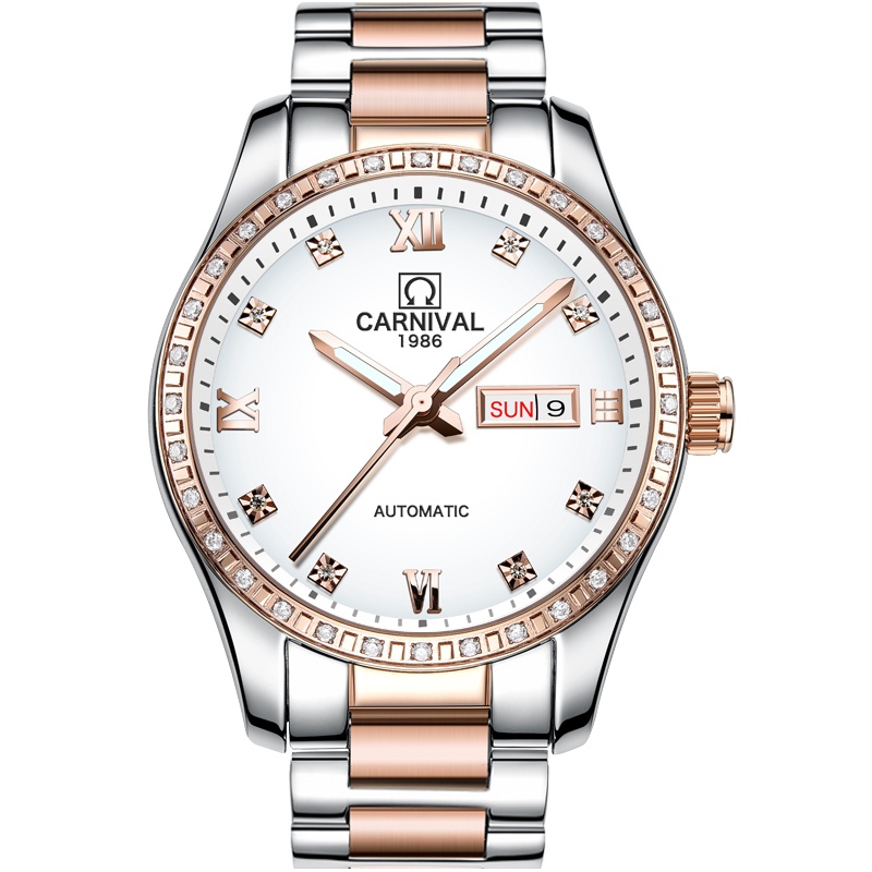 正品嘉年华Carnival手表瑞士品牌男士全自动机械表 男表时尚镶水钻玫瑰金夜光防水男表精钢金属材质腕表8692