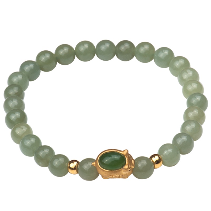 梦克拉 3d硬金和田玉碧玉金猪手链 碧玉猪猪 和田玉路路通手链 金镶玉手串 和田玉手串