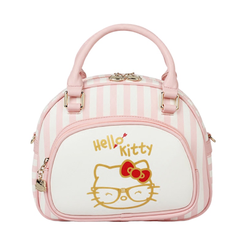 Hello Kitty凯蒂猫 拼色条纹图案女士手斜挎提包 粉色