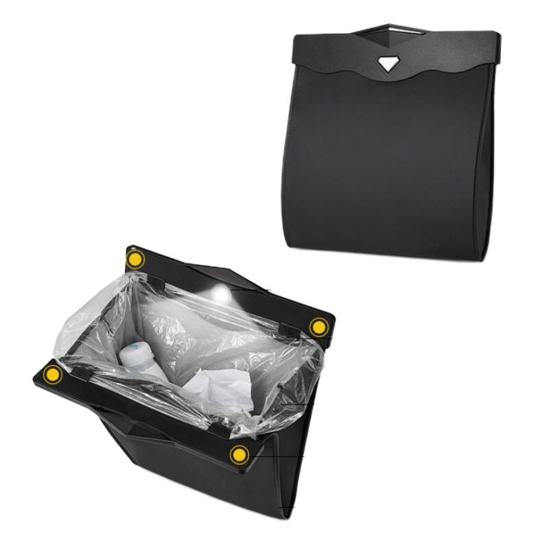 敬平车载垃圾桶挂式汽车内用垃圾袋上可折叠抖音同款创意收纳储物用品 网兜升级[黑色1个]带感应灯/大号挂式/送3卷 平