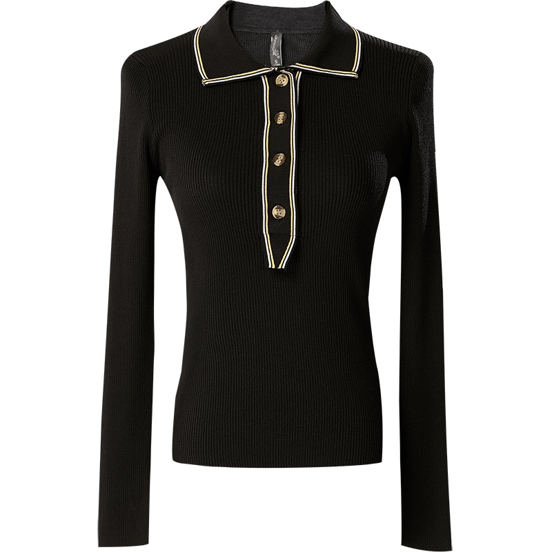 欧昵雪秋季纽扣polo毛衣女短款长袖修身翻领套头针织衫