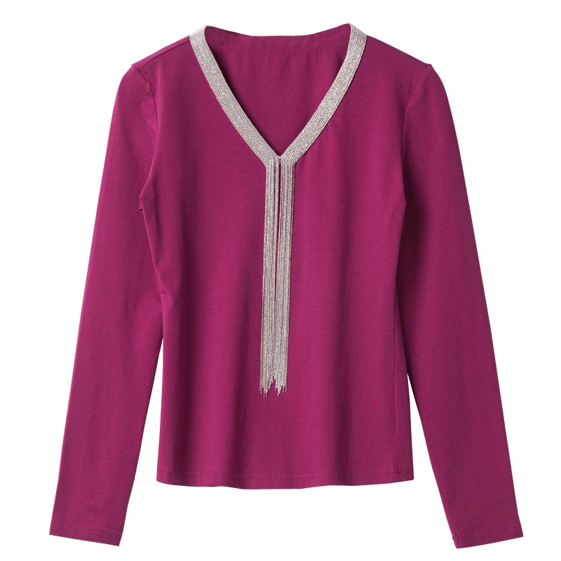 晚白 2020春季新品百搭纯色流苏V领修身显瘦长袖T恤打底衫上衣女