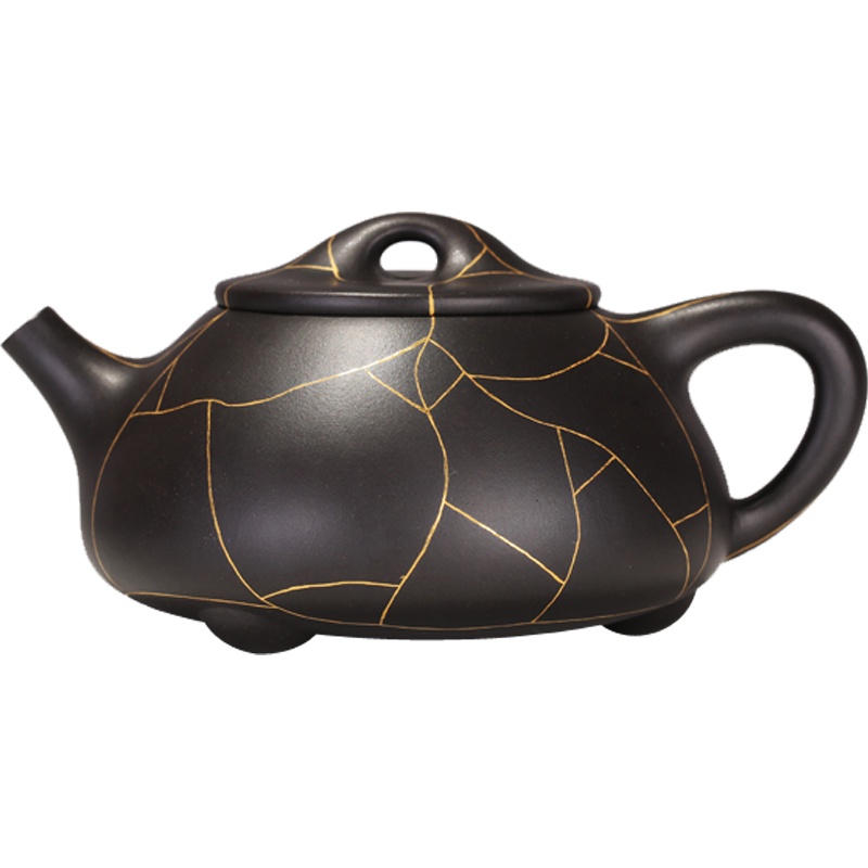 冰裂纹18K描金石瓢壶宜兴紫砂壶原矿稀有乌金砂大师孔祥生纯全手工 家用泡茶具