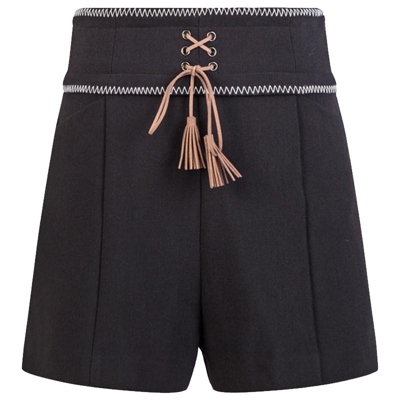 拉夏贝尔宽松高腰短裤女拉夏贝尔夏装新款百搭学生热裤休闲a字阔腿裤子_804 S 黑色