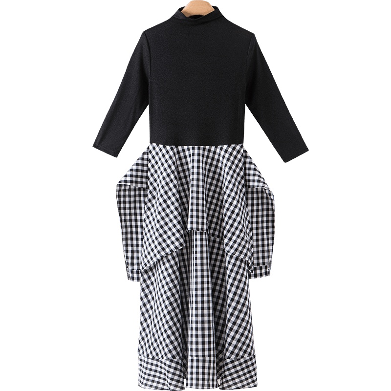 晚白2021春季新品时尚修身假两件高领收腰A字格子减龄连衣裙女
