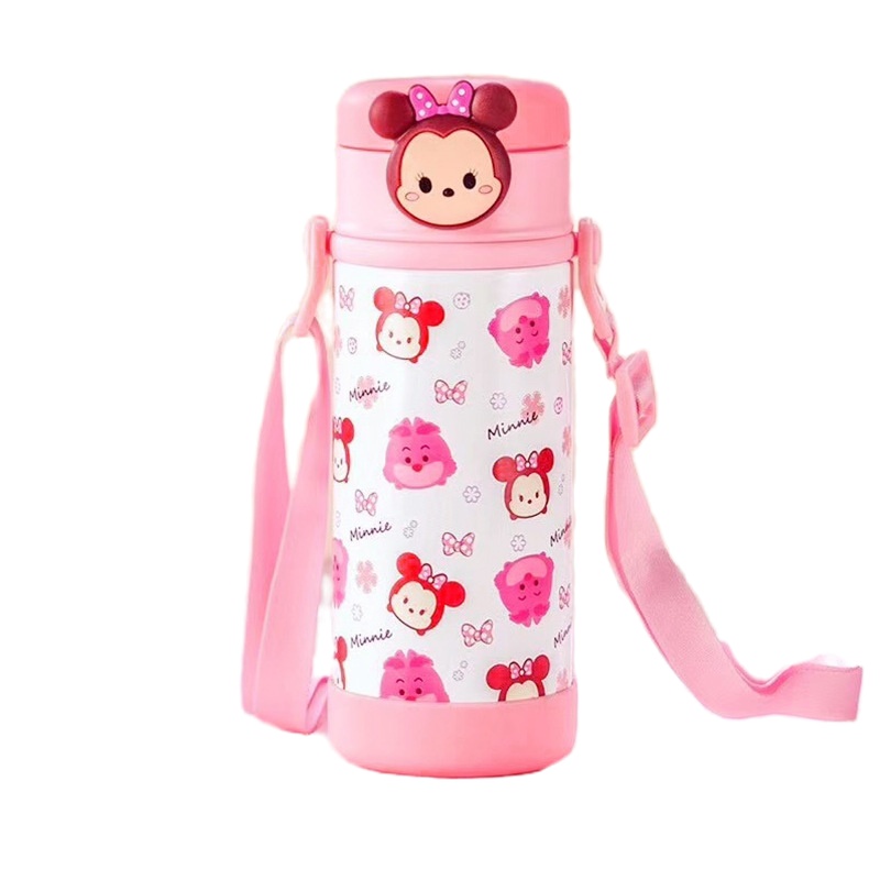 迪士尼儿童卡通带吸管背带防摔外出携带女宝宝喝水316不锈钢杯子保温水壶-粉色米妮立体玩偶防喷吸管水壶380ml