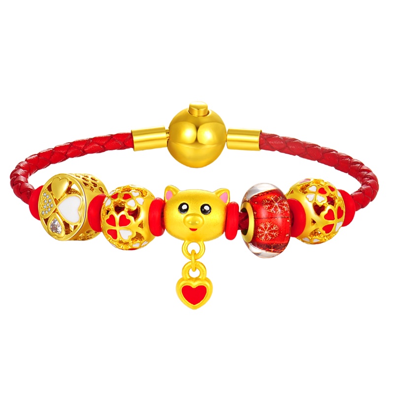 蒂蔻 可爱卡通生肖猪黄金手链女款爱心形吊坠足金红绳手饰新年生日礼物送女朋友
