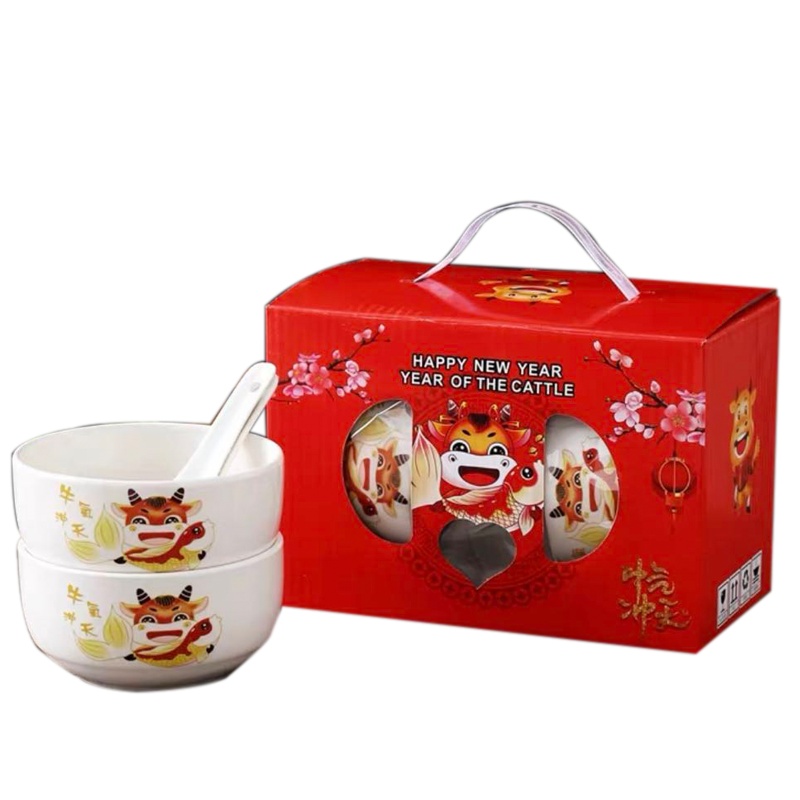 苏宁极物骨瓷牛年套装两碗两勺