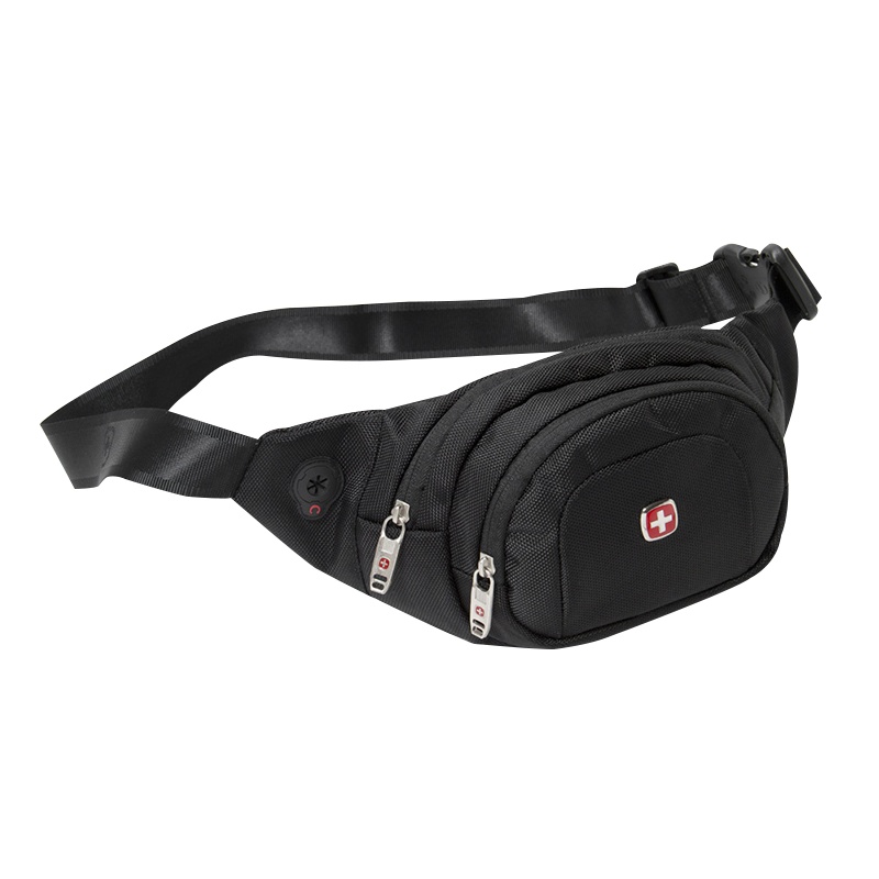 瑞士军刀腰包男士运动背包 户外单肩斜挎包 SWISSGEAR男女通用多功能横款韩版潮胸包手机挂包 黑色