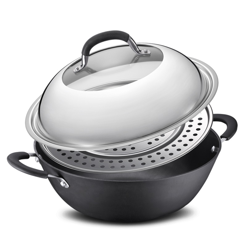 爱仕达(ASD) 锅具30CM无涂层硬铸不生锈炒锅 铁锅炖锅蒸锅电磁炉明火通用 带蒸篦 CF30D1WG