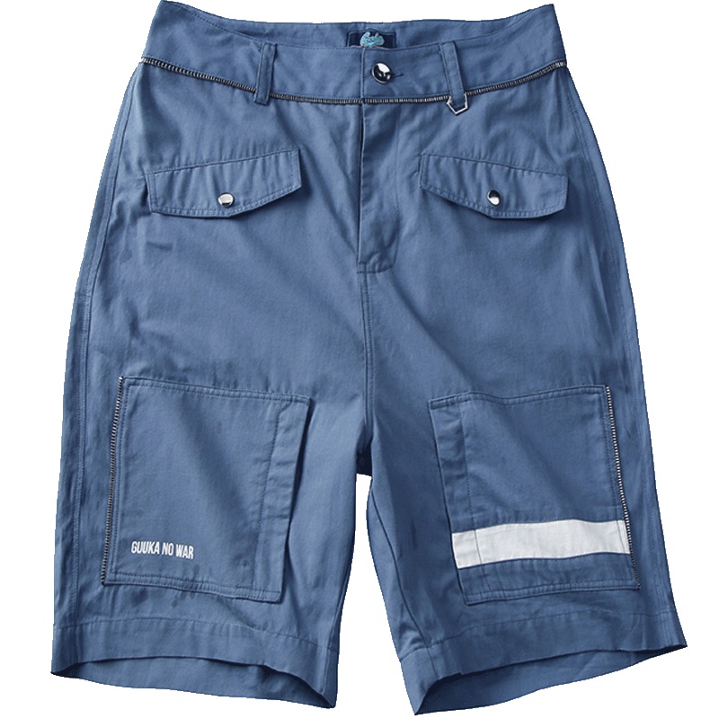 Guuka蓝色运动短裤男潮牌 夏季学生嘻哈印花多口袋工装五分裤宽松