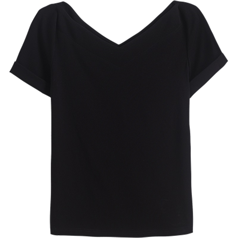 OSA欧莎黑色短袖T恤女2019新款夏宽松v领锁骨上衣短款露背小心机