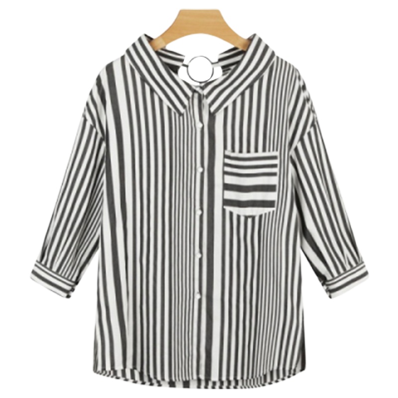【专柜同款】拉夏贝尔条纹撞色衬衫女夏新款韩范宽松显瘦中长款七分袖v领上衣潮20012060
