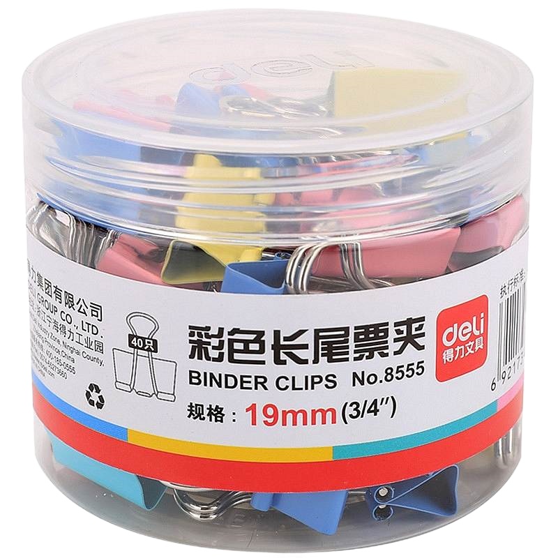 得力8555-5#彩色长尾票夹19mm(混)(40只/筒)