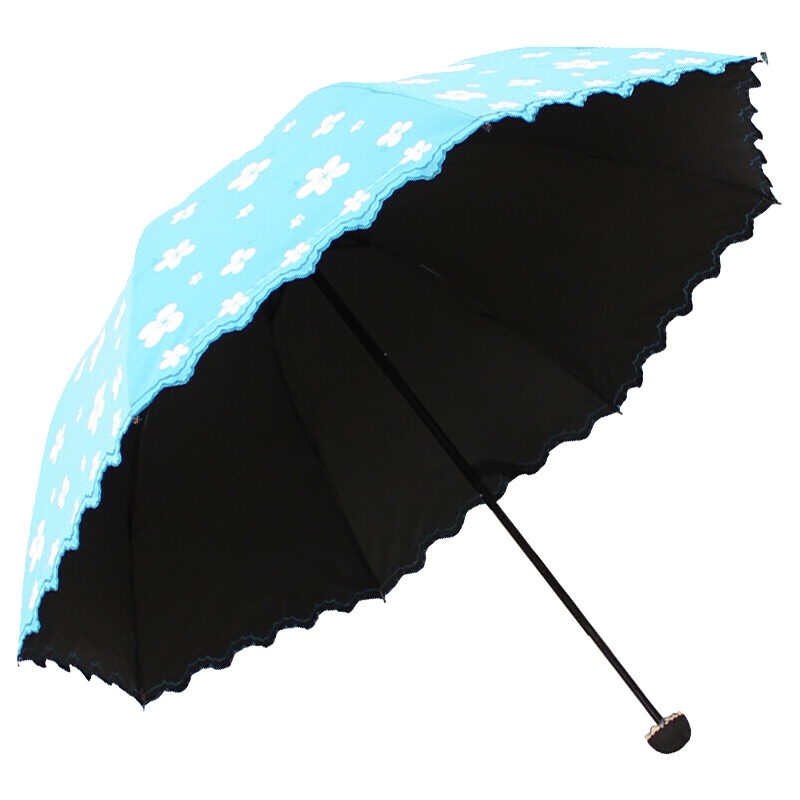 天堂伞 凝脂绸黑胶修花边江南镜花公主三折晴雨伞太阳伞 浅蓝 36049E