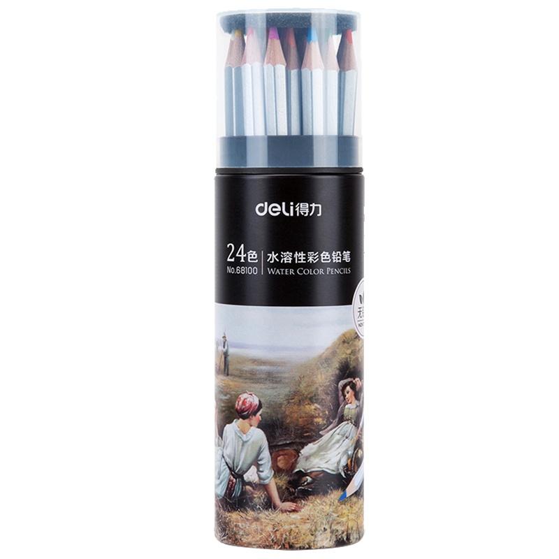 得力彩色铅笔68100 铁桶装水溶性彩铅画笔彩笔专业画画套装手绘24色绘画绘图填色铅笔学生成人彩绘