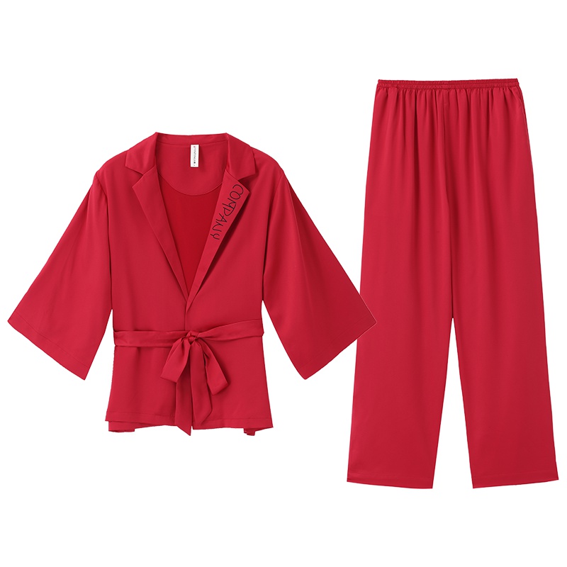 苏宁极物 女式法式优雅束带柔滑仿丝女款家居服套装睡衣睡裤简约纯色简约可爱时尚
