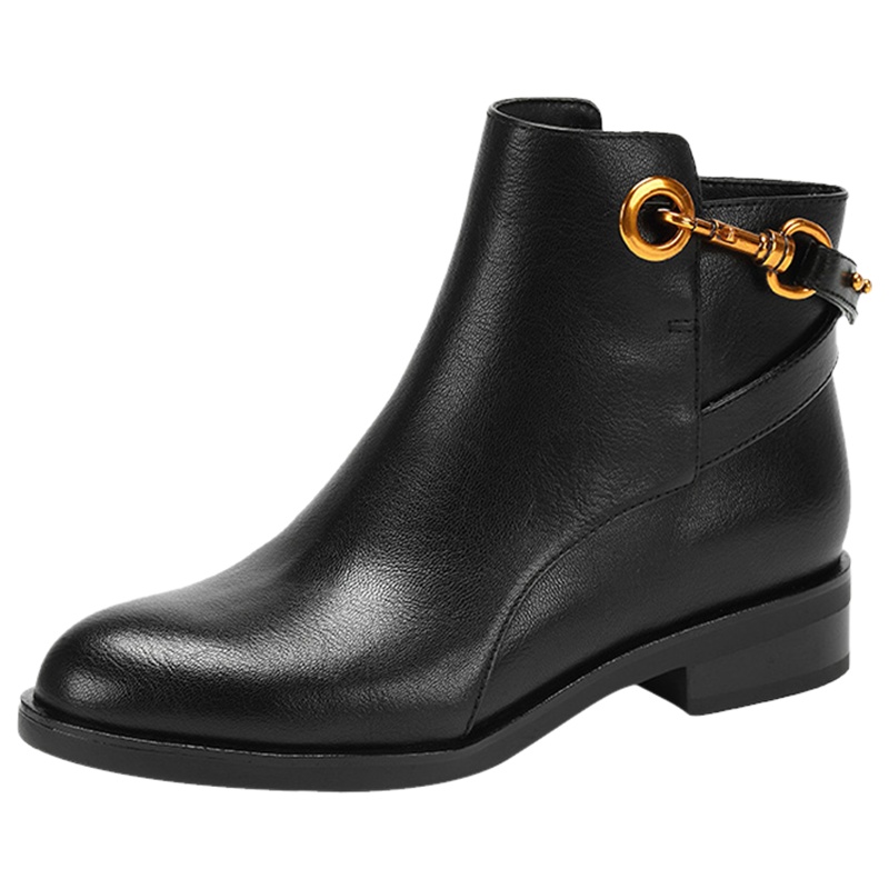 达芙妮冬新款平底圆头休闲裸靴防水低跟女短靴