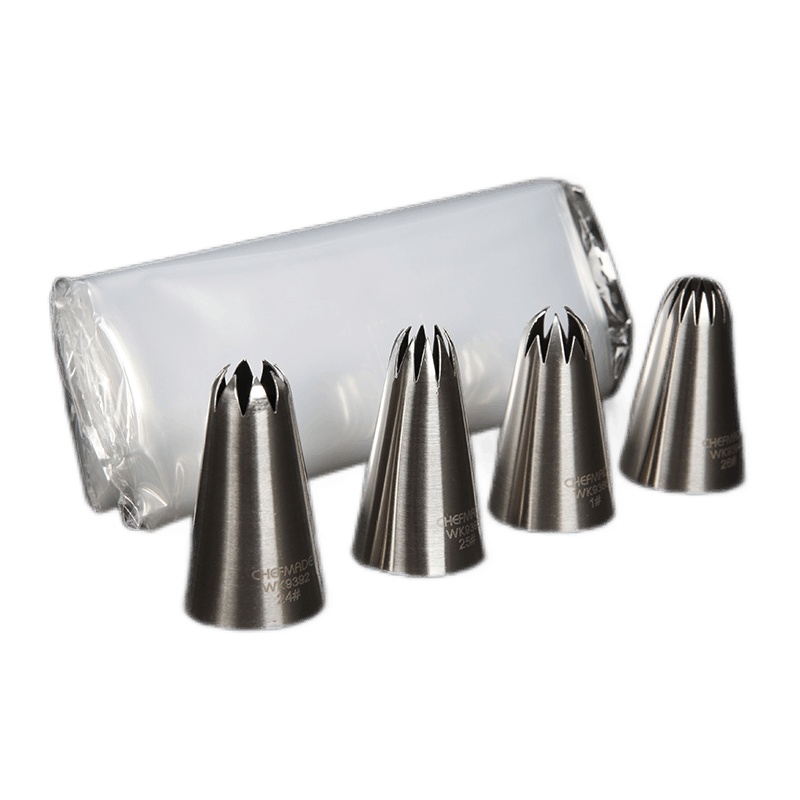 学厨 中号不锈钢无缝焊接裱花嘴套装曲奇奶油蛋糕挤奶油 烘焙工具 4个裱花嘴+10个裱花袋 WK9763