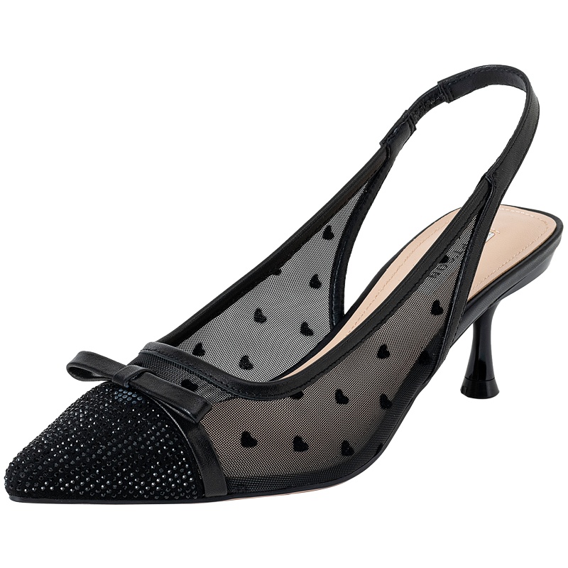 百田森夏季新款后空凉鞋镶钻鞋面女鞋透气网面高跟单鞋女