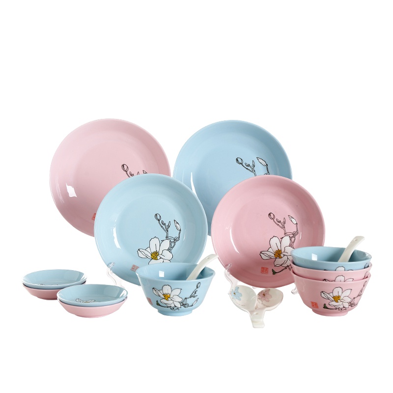 顺祥一花一世界16头 碗 碗碟套装釉下彩手绘碗盘子 日式婚庆送礼餐具套装 苏宁自营