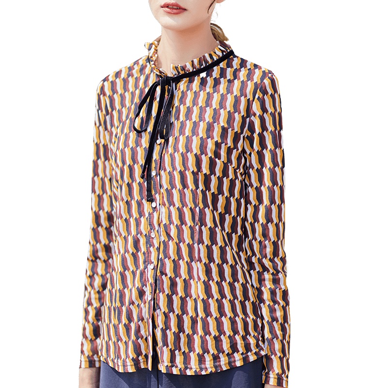 娅丽达女装2019春季休闲时尚小衫花色大码宽松圆领长袖格子衬衫U7033G0