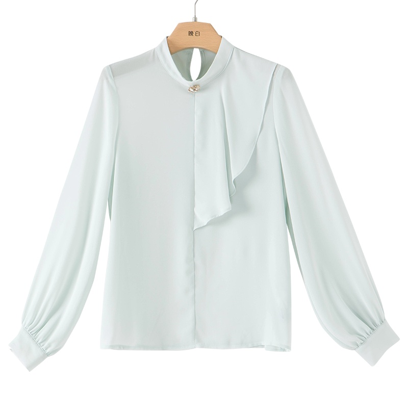 晚白2021春季新品简约纯色立领长袖荷叶边休闲百搭套头衬衫衬衣女