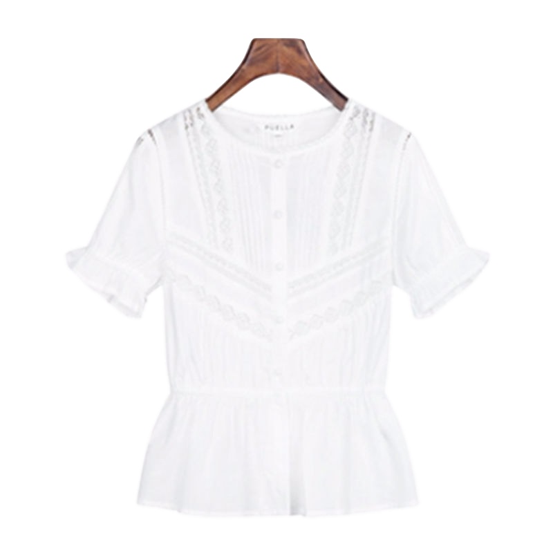 拉夏贝尔Puella夏季新款韩版休闲显瘦荷叶边蕾丝花边短袖上衣衬衫女20010075