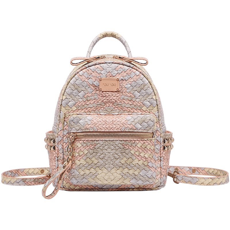 ins超火的双肩包女2019新款韩版百搭时尚编织铆钉撞色学生背包潮