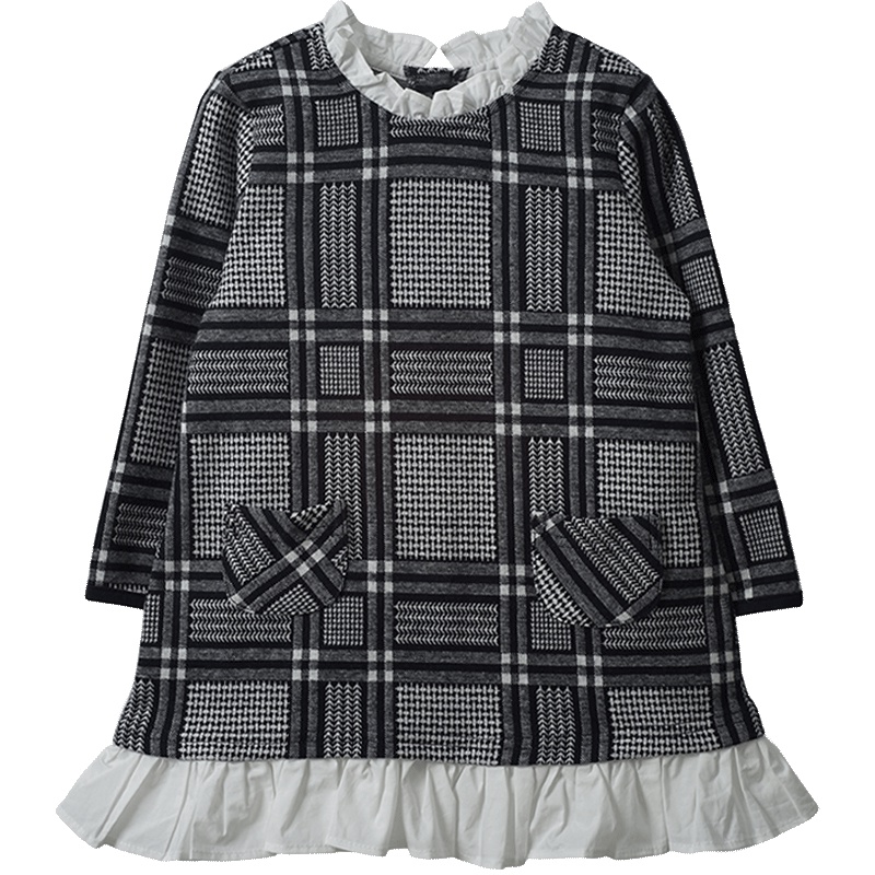 婴姿坊女童春秋新款连衣裙娃娃花边翻领长袖格子双小口袋修身上衣