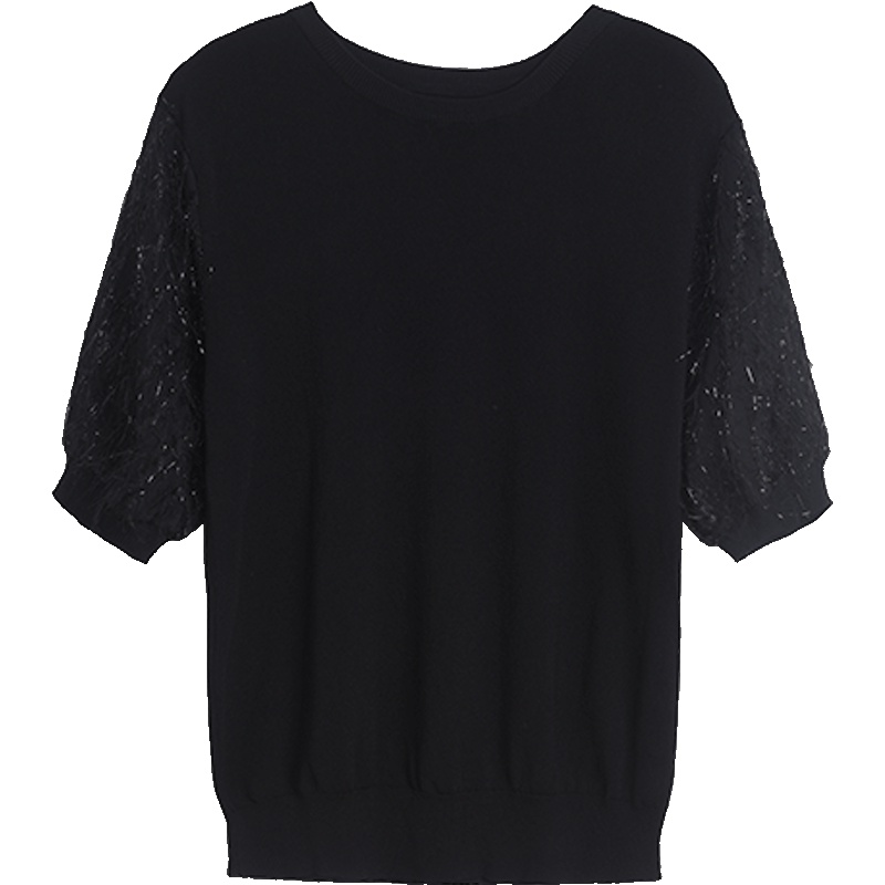 OSA欧莎黑色亮丝针织衫2019新款夏季半袖宽松套头上衣女薄款显瘦