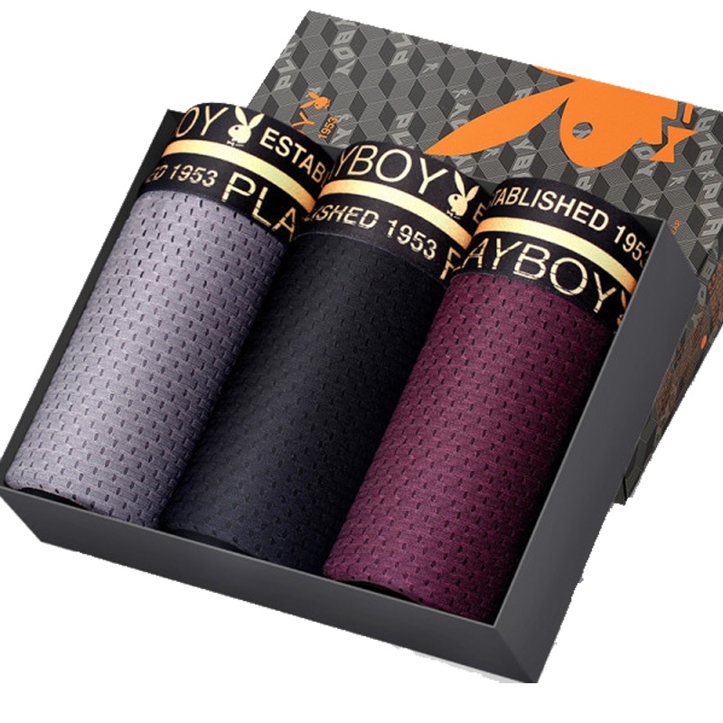 花花公子内裤男抗菌冰丝男士内裤宽松加大码中腰u凸透气网眼平角裤头男5150-3条礼盒