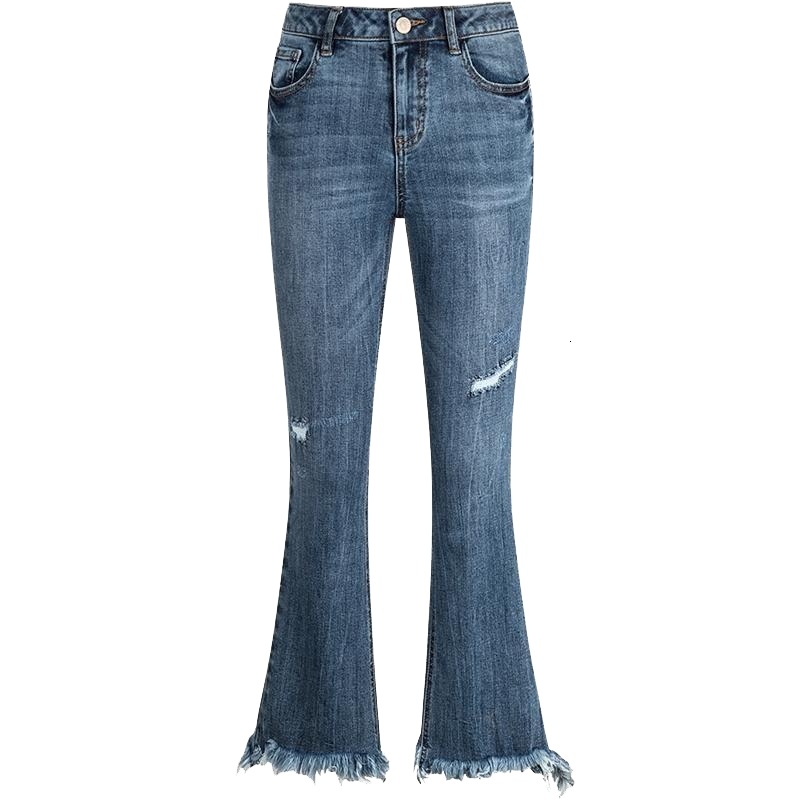 【专柜同款】微喇阔腿牛仔裤女2019春夏新款韩版休闲直筒显瘦破洞流苏长裤子女20011620