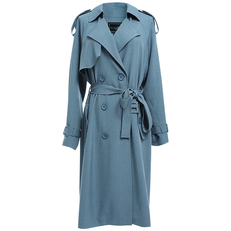 欧昵雪气质OL翻领显瘦中长款系带风衣女修身长袖外套