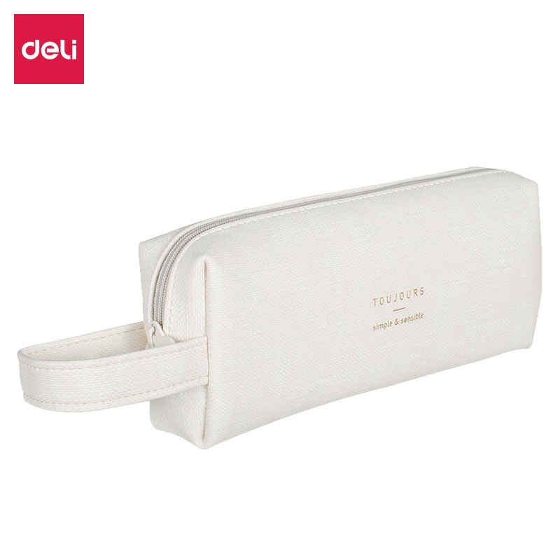 得力多功能笔袋创意简约帆布笔袋大容量放水学生铅笔包纯色可爱笔袋文具盒PU防水66825BAI