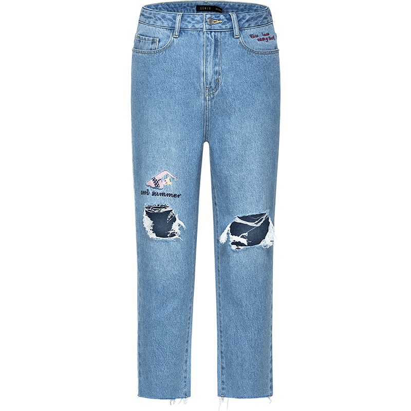 森马牛仔裤女夏季中腰直筒九分裤刺绣破洞毛边裤子潮