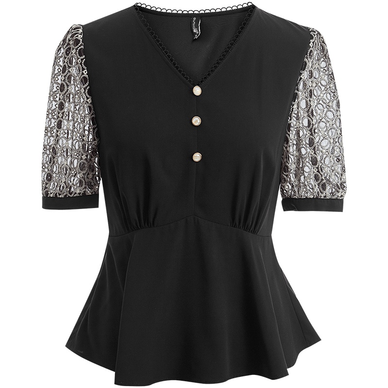 欧昵雪夏装V领拼接雪纺短袖收腰荷叶边上衣女短款小衫