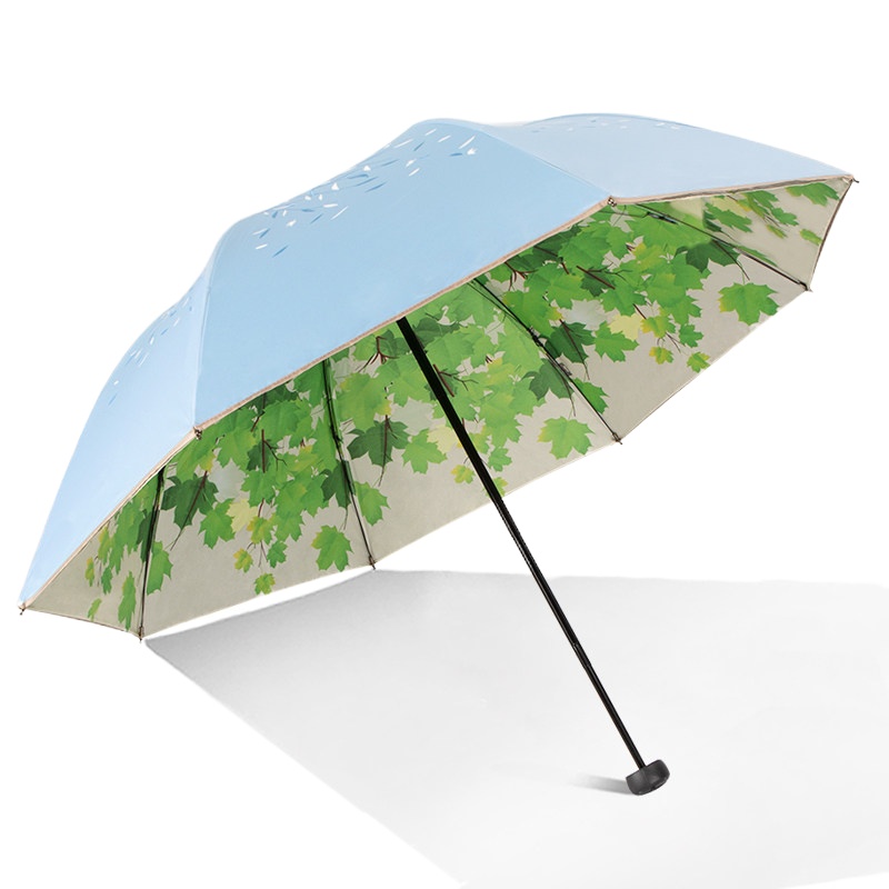 天堂伞女晴雨两用小清新太阳伞双层防晒遮阳伞黑胶三折伞 蓝色(双层树叶)