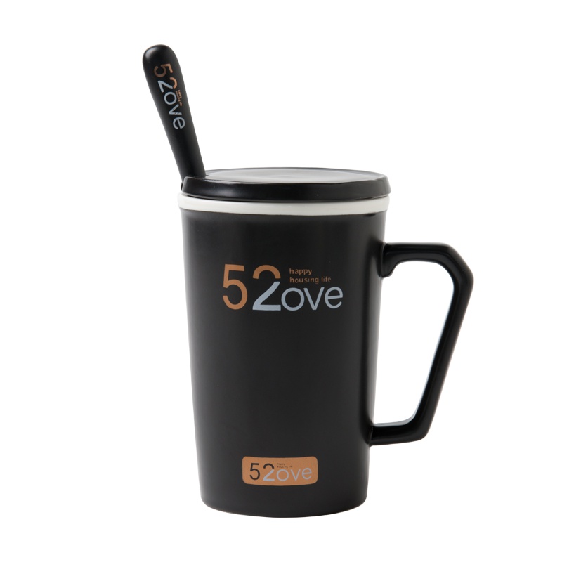 亿嘉IJARL 陶瓷带盖带勺子杯子简约咖啡杯大容量创意个性情侣水杯马克杯 52ove 长黑套杯